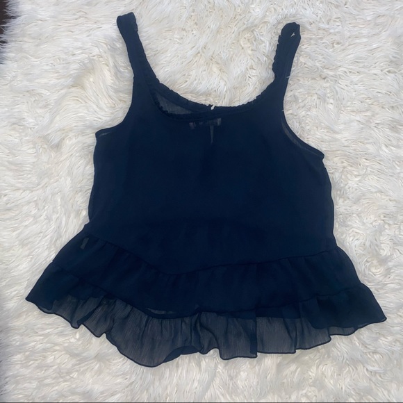 Abercrombie & Fitch | Sheer Peplum Tank Top Ruffle Eyelet Blouse Navy Blue - Picture 5 of 14